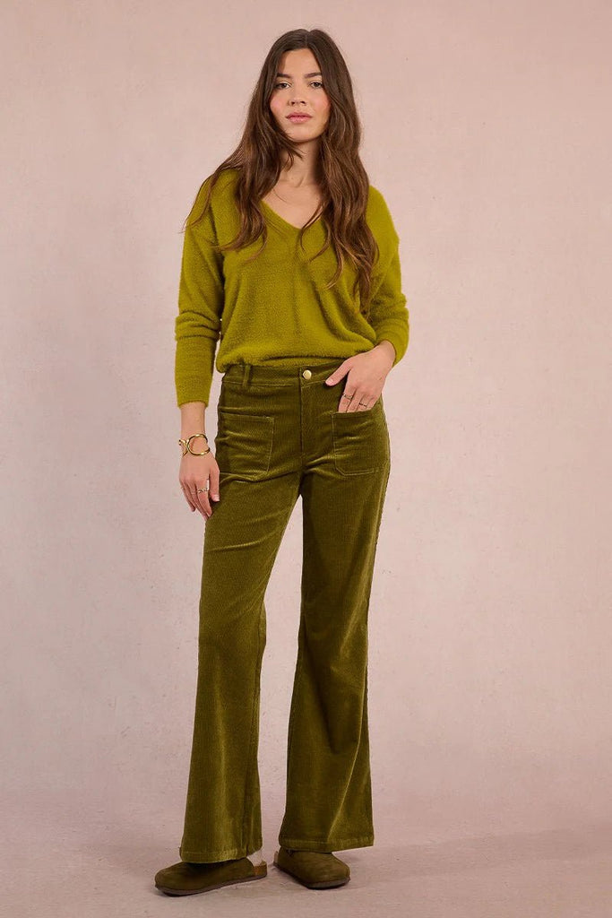 Olive Corduroy Flare Pants - MISRED