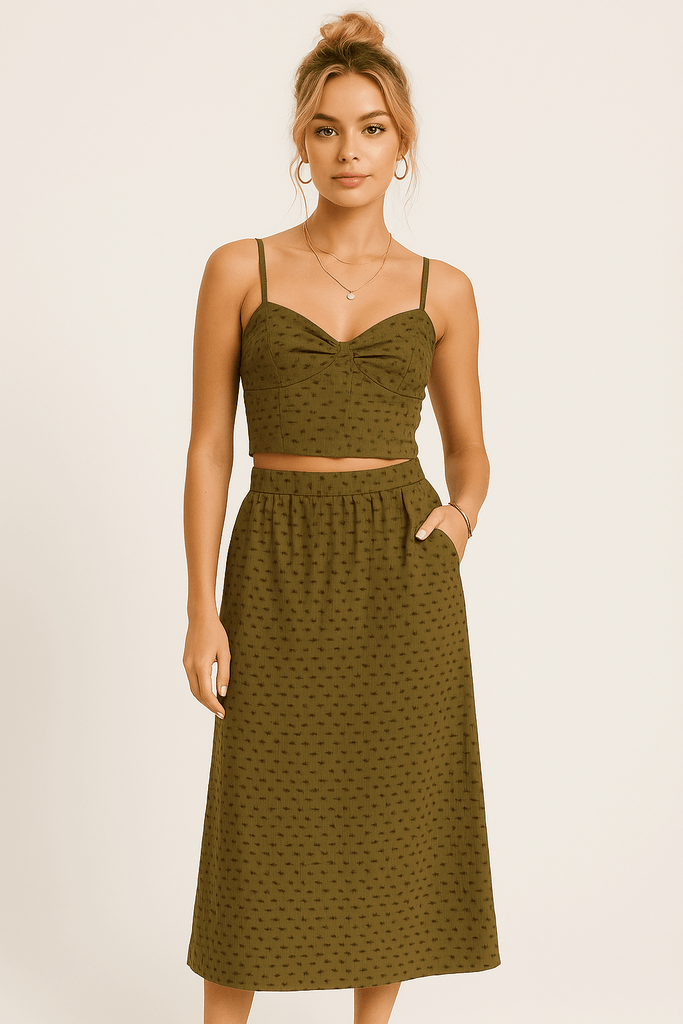 Olive Green Dotted Maxi Skirt - MISRED