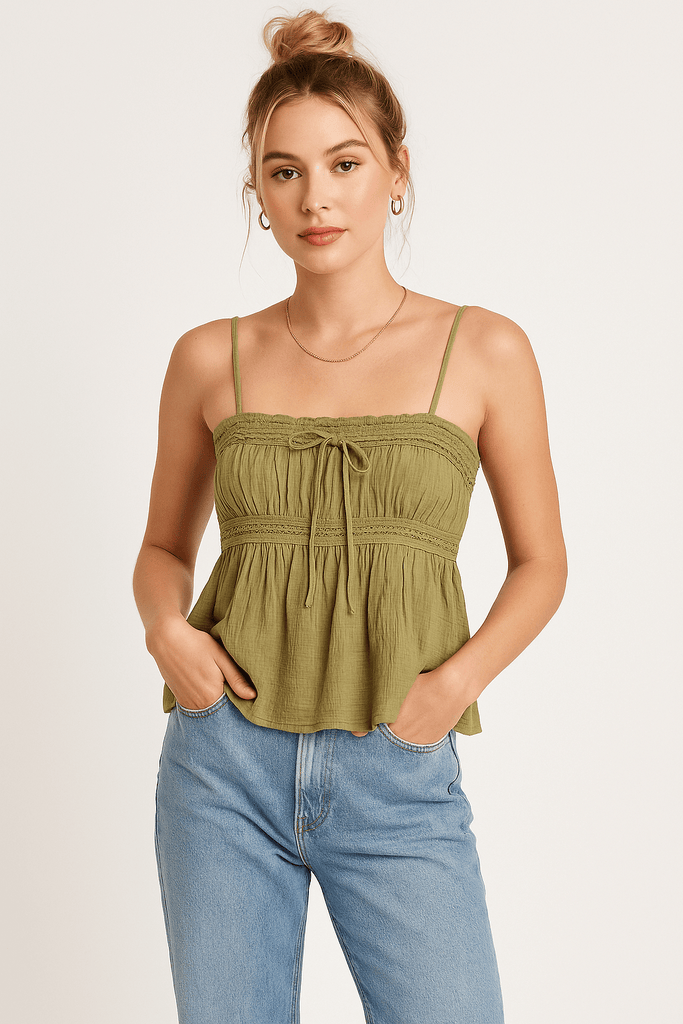 Olive Green Smocked Camisole Top - MISRED