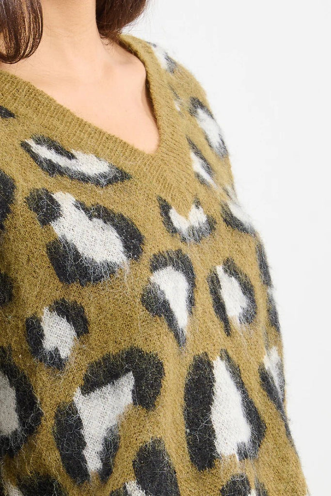 Olive Leopard Fuzzy V - Neck Sweater - MISRED