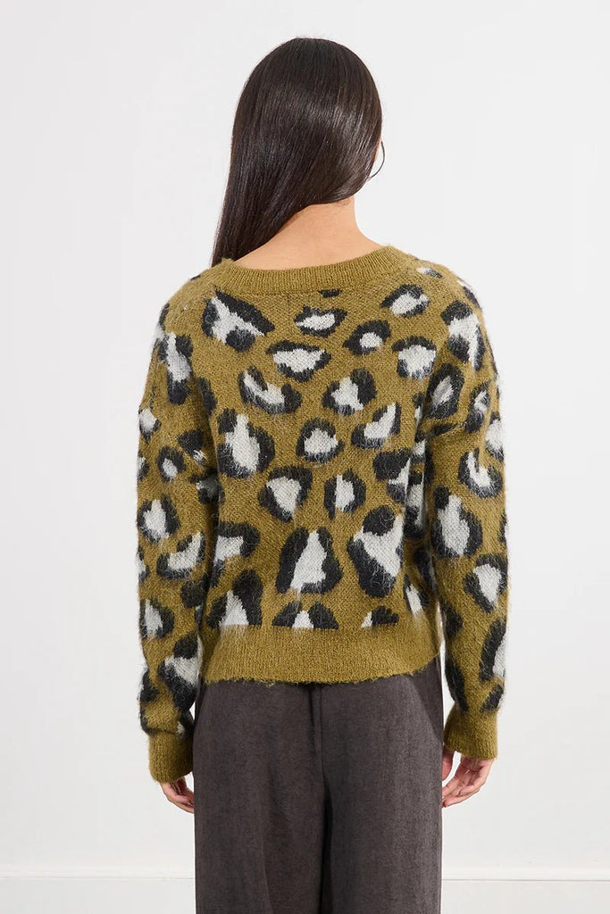 Olive Leopard Fuzzy V - Neck Sweater - MISRED