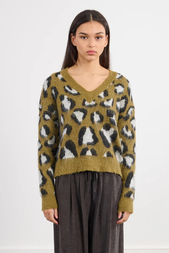 Olive Leopard Fuzzy V - Neck Sweater - MISRED