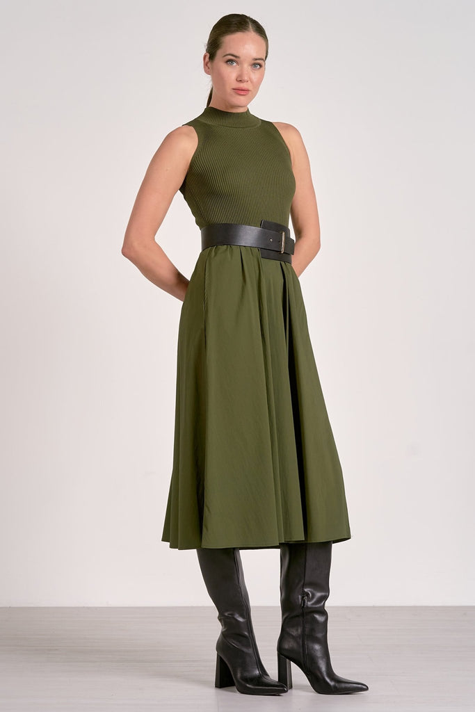 Olive Mix Media Mock Neck Maxi Dress - MISRED