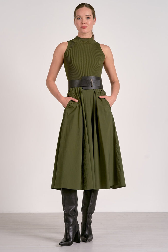 Olive Mix Media Mock Neck Maxi Dress - MISRED