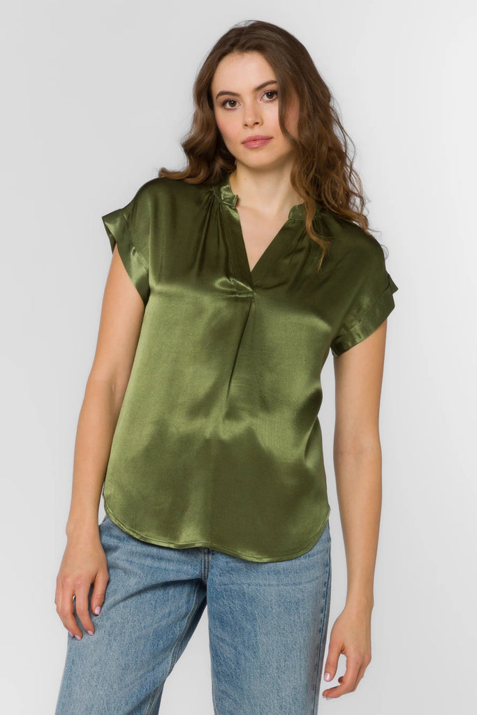 Olive Satin V - Neck Drop Shoulder Blouse - MISRED