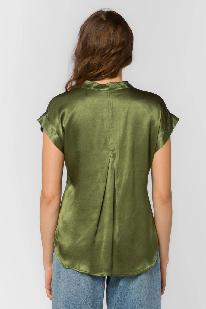 Olive Satin V - Neck Drop Shoulder Blouse - MISRED