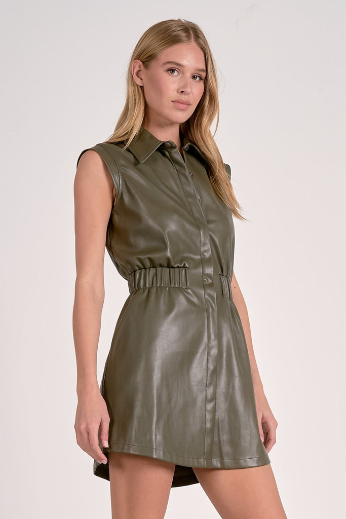 Olive Vegan Leather Mini Dress - MISRED