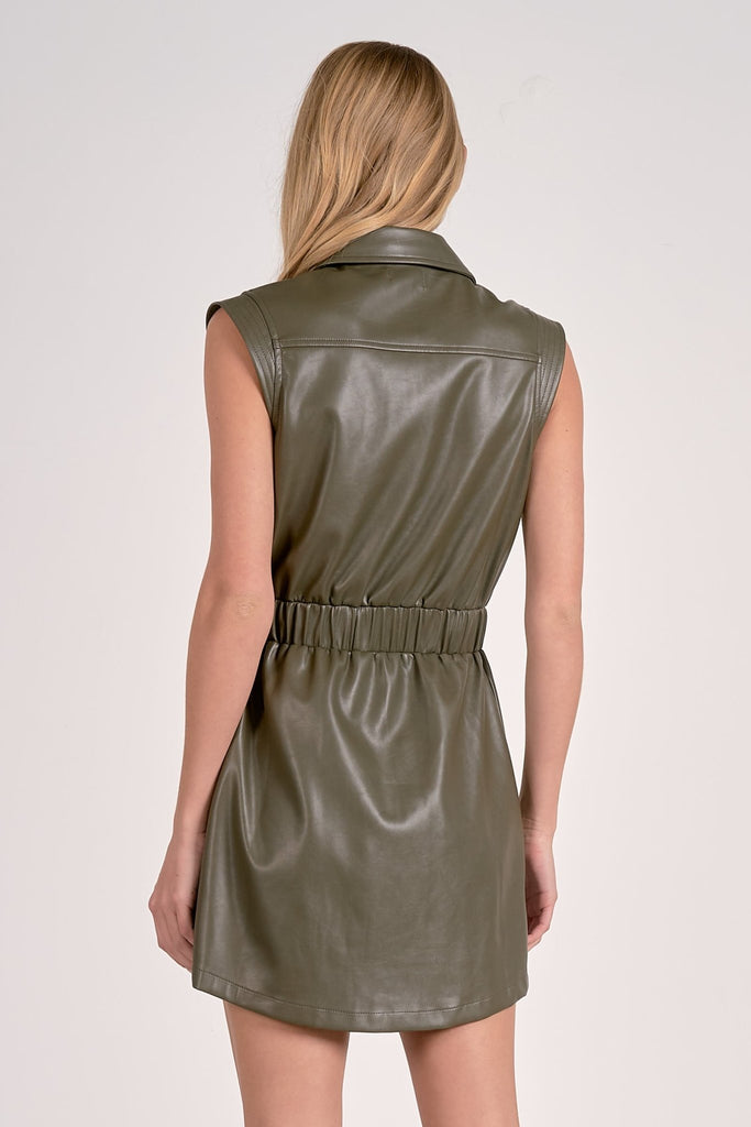 Olive Vegan Leather Mini Dress - MISRED