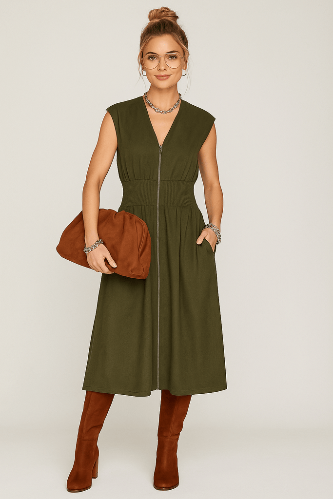 Olive Zipper Front Twill Midi Dress - MISRED