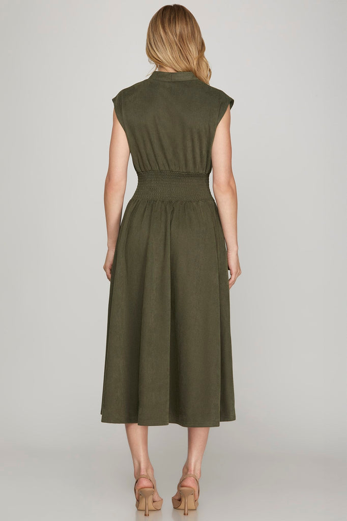 Olive Zipper Front Twill Midi Dress - MISRED