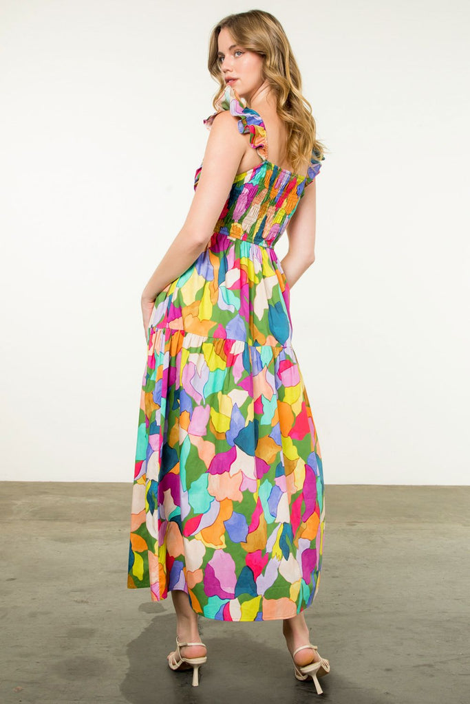 Painted Color Block Ruffle Maxi Dress - MISRED