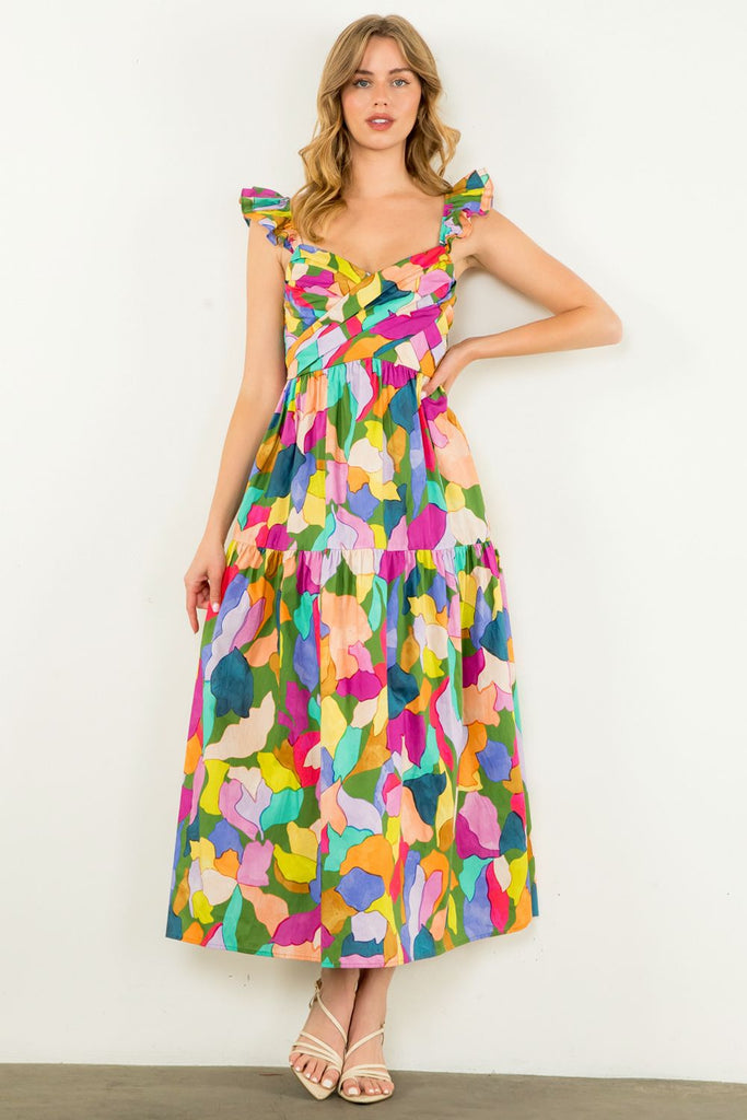 Painted Color Block Ruffle Maxi Dress - MISRED