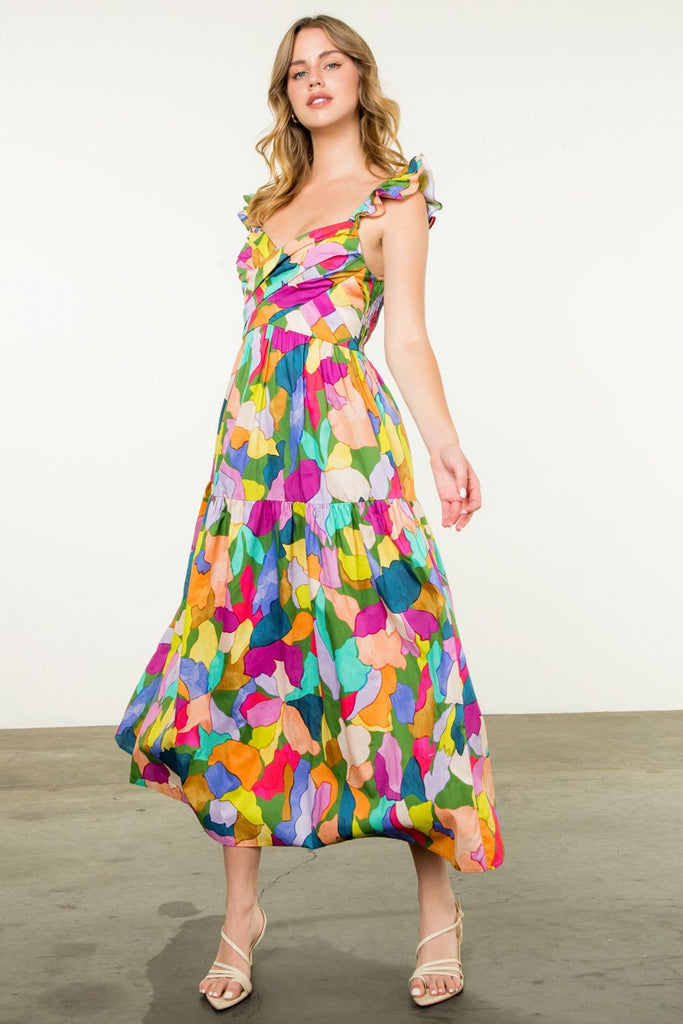 Painted Color Block Ruffle Maxi Dress - MISRED