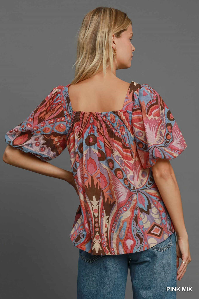 Pink Paisley Puff Sleeve Blouse - MISRED