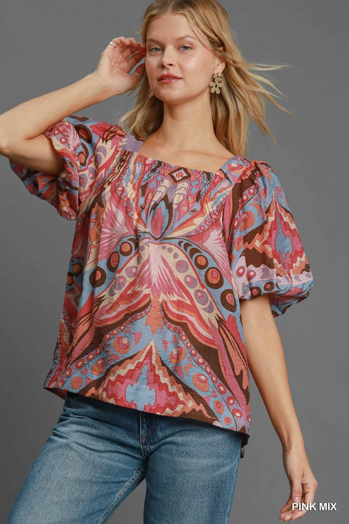 Pink Paisley Puff Sleeve Blouse - MISRED