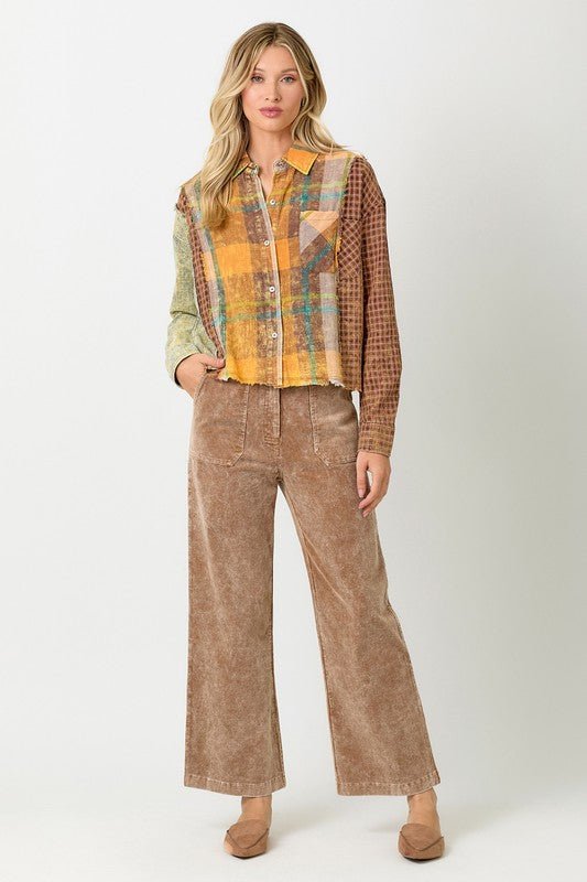Plaid Mix Print Raw Edge Button Up - MISRED