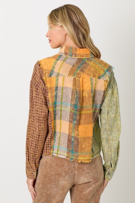 Plaid Mix Print Raw Edge Button Up - MISRED