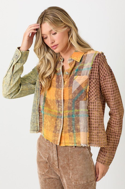 Plaid Mix Print Raw Edge Button Up - MISRED