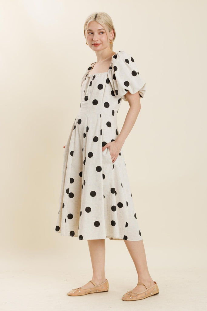 Polka Dot Puff - Sleeve Midi Dress - MISRED