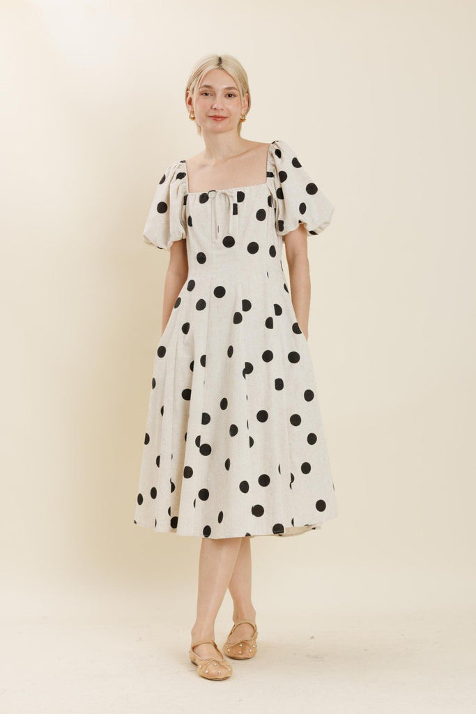 Polka Dot Puff - Sleeve Midi Dress - MISRED
