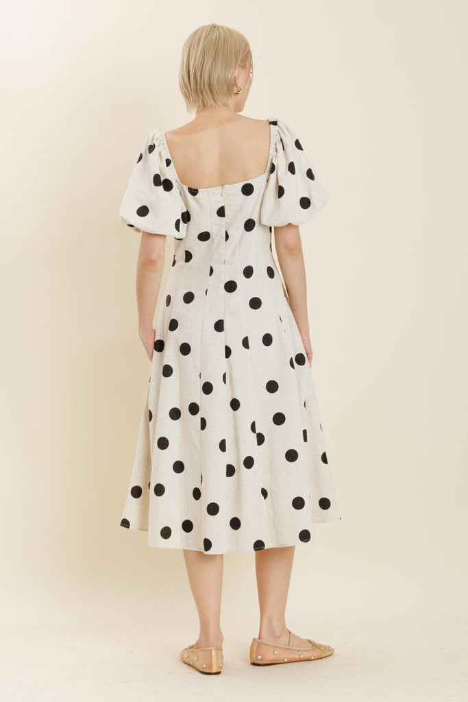 Polka Dot Puff - Sleeve Midi Dress - MISRED