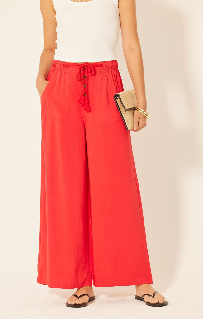 Red Drawstring Wide Leg Pants - MISRED
