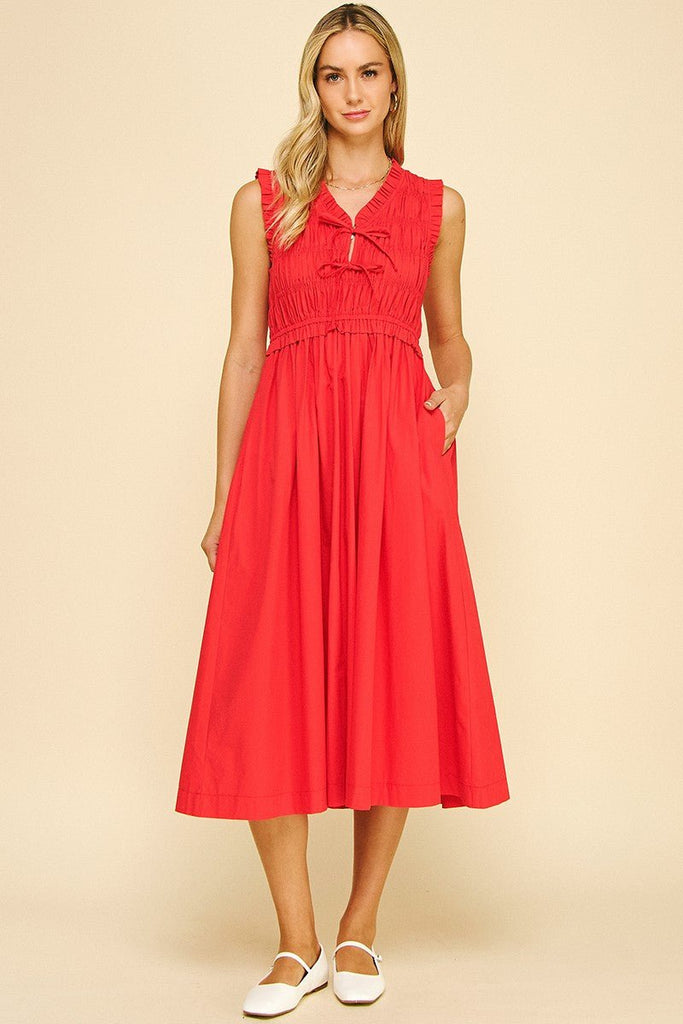 Red Smocked Tie Front Midi Dress - MISRED