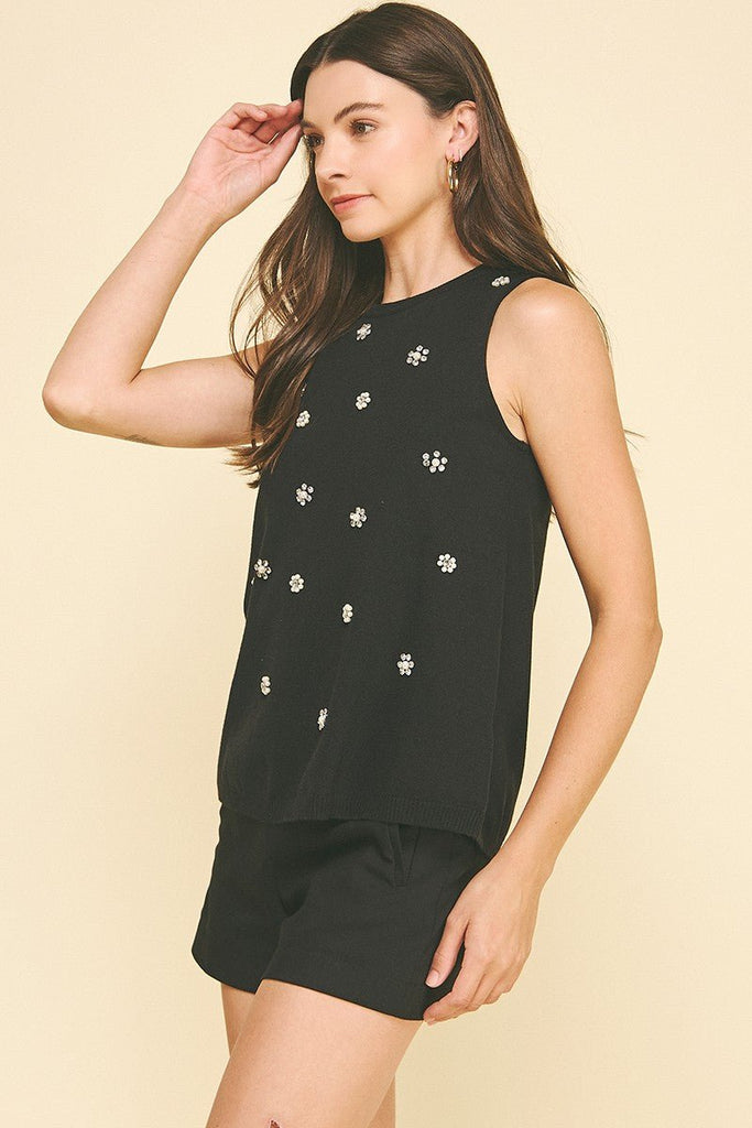 Rhinestone & Pearl Embroidered Knit Top - MISRED