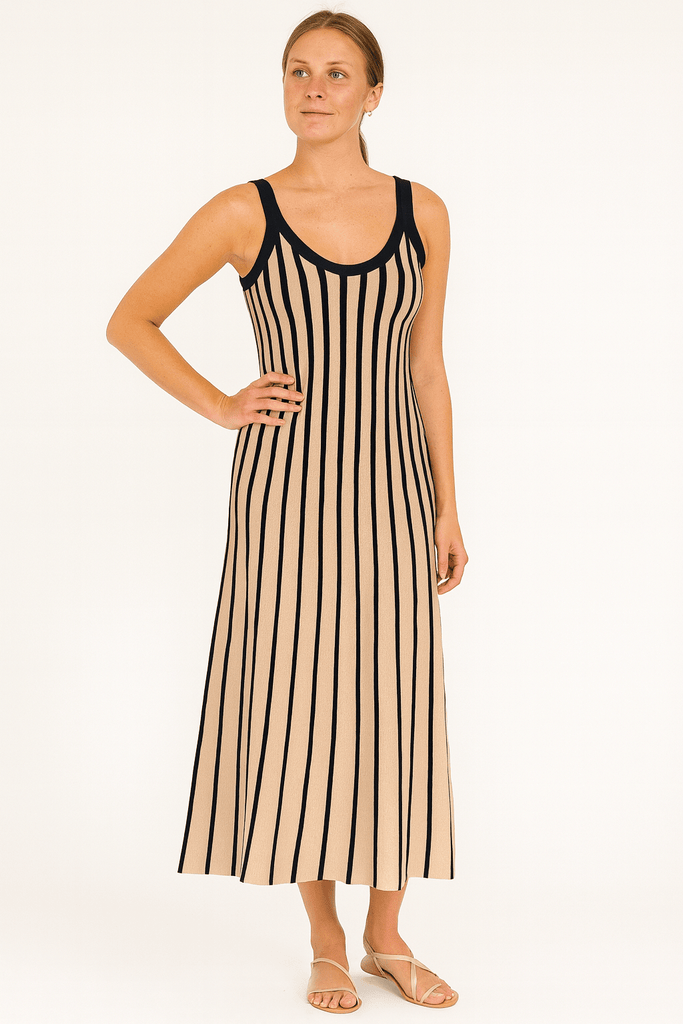 Rib Striped Tan and Black Midi Dress - MISRED