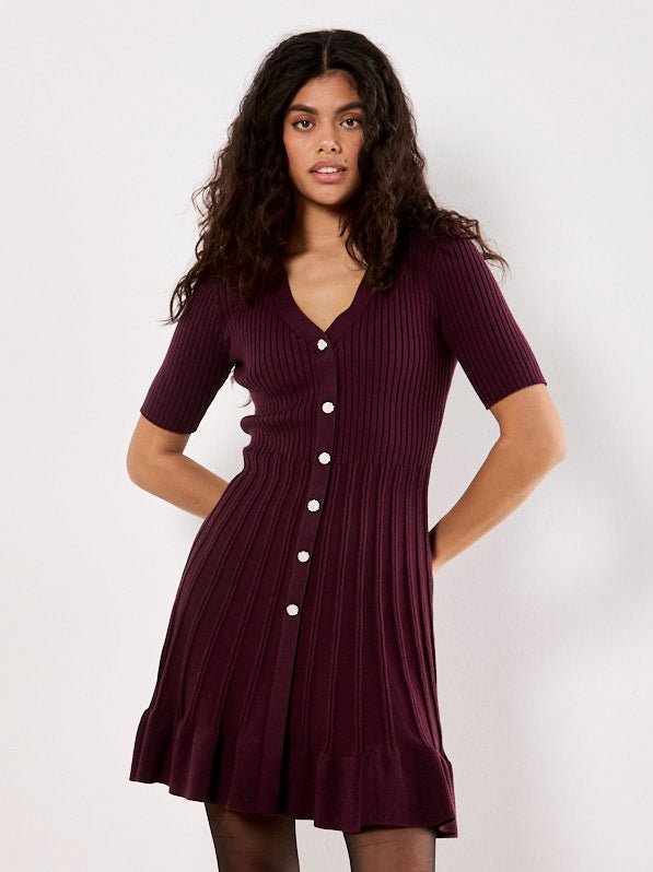 Ribbed Knit Button Front Dress - MISRED