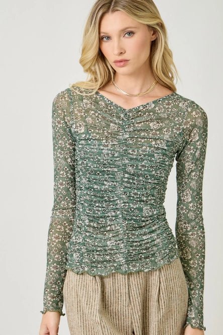 Ruched Mesh Floral Top - MISRED