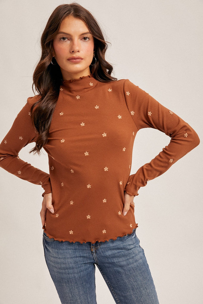 Rust Floral Mock Neck Top - MISRED