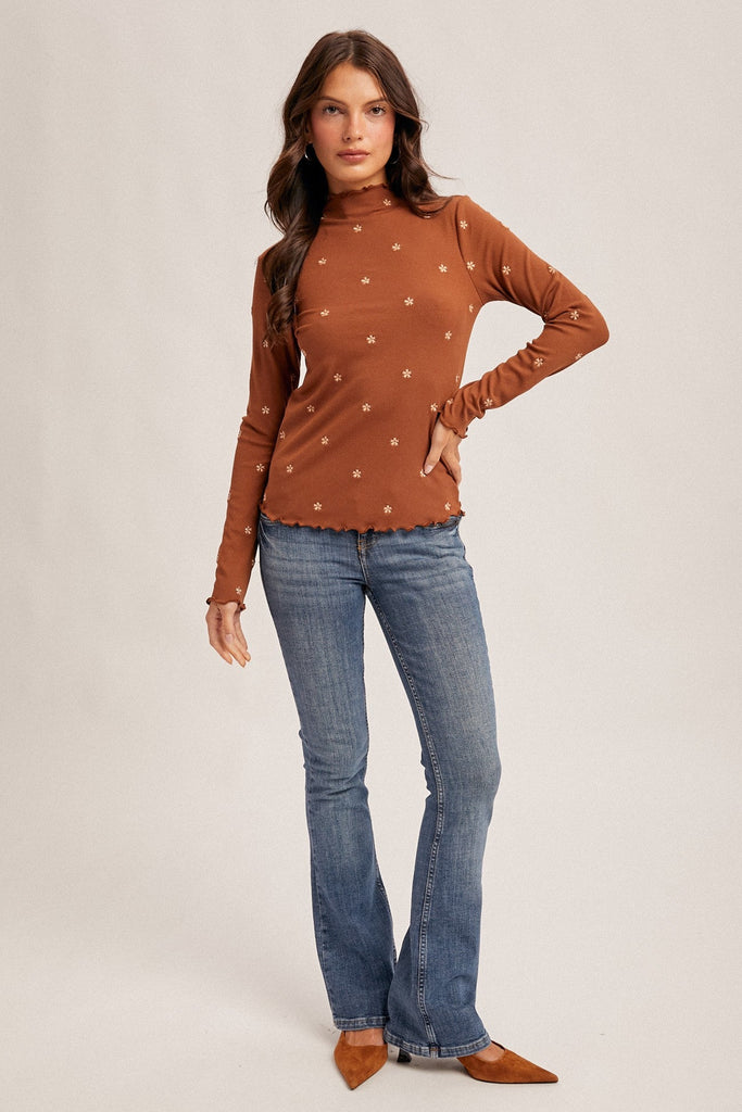 Rust Floral Mock Neck Top - MISRED