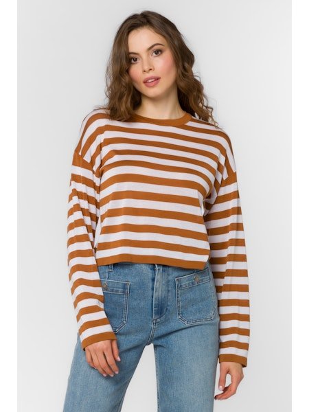 Rust & White Striped Cropped Long Sleeve - MISRED