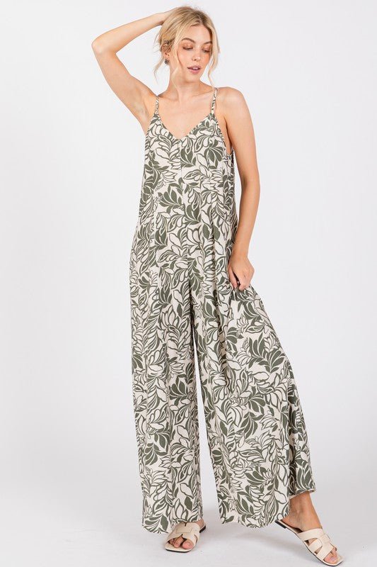Sage Leaf Print Palazzo Jumpsuit - MISRED