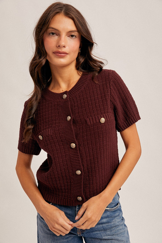 Short Sleeve Burgundy Buttoned Sweater - MISRED