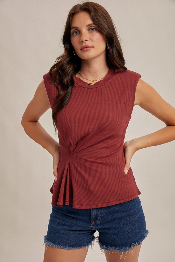 Shoulder Padded Ribbed Sleeveless Top - MISRED