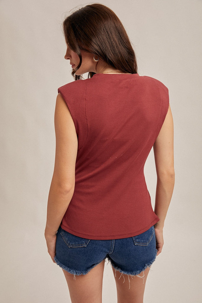 Shoulder Padded Ribbed Sleeveless Top - MISRED
