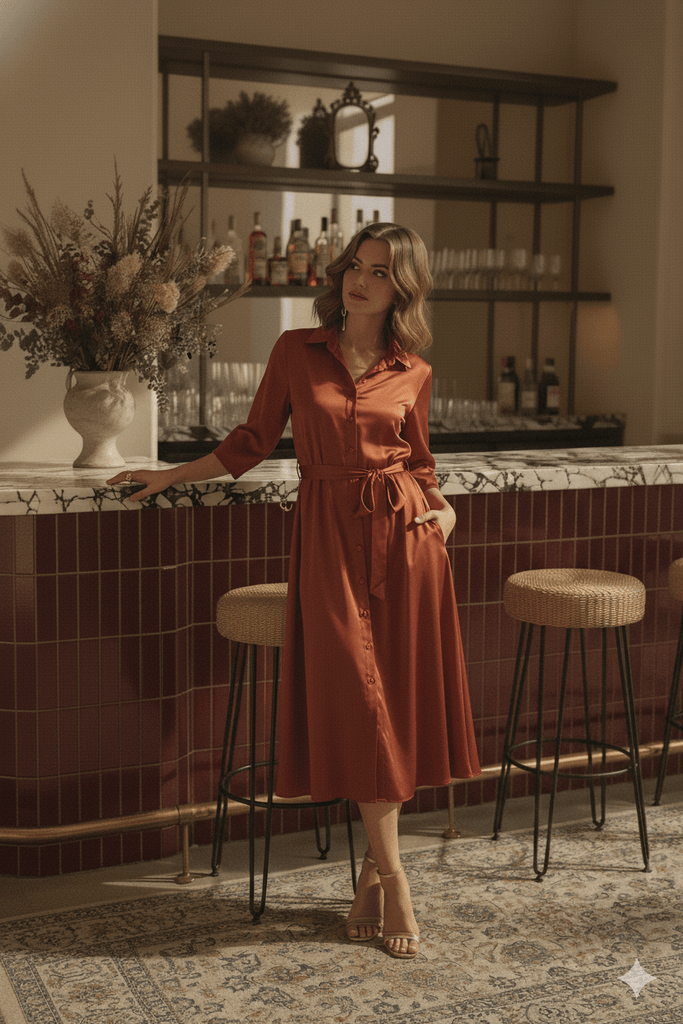 Silk Button Up Dress with a Self - Tie Waist - MISRED