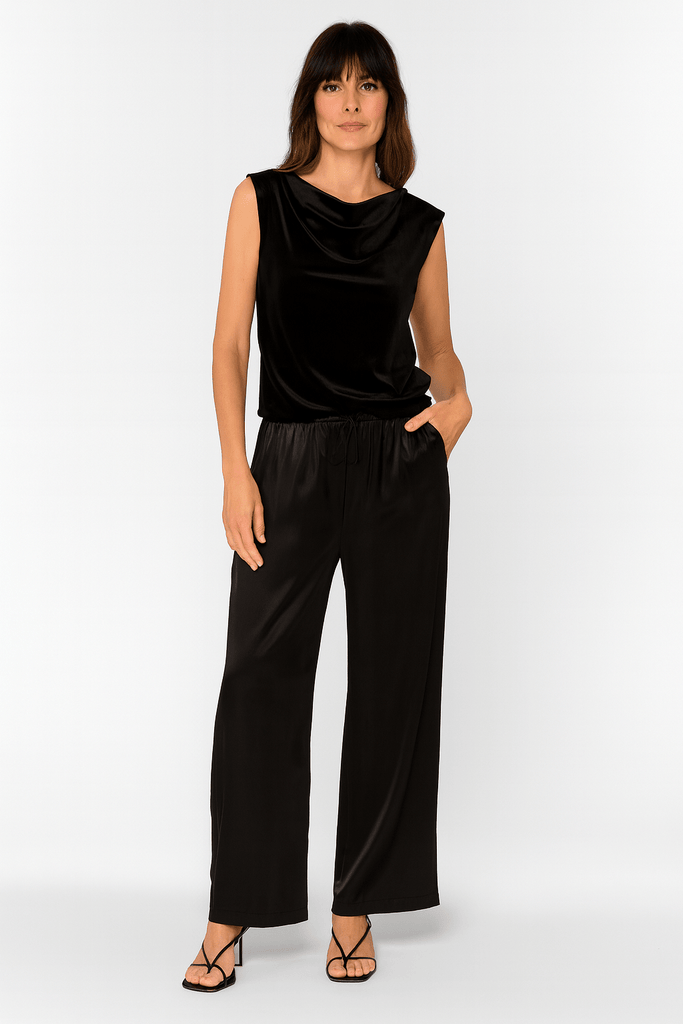 Sleek Black Satin Drawstring Trousers - MISRED