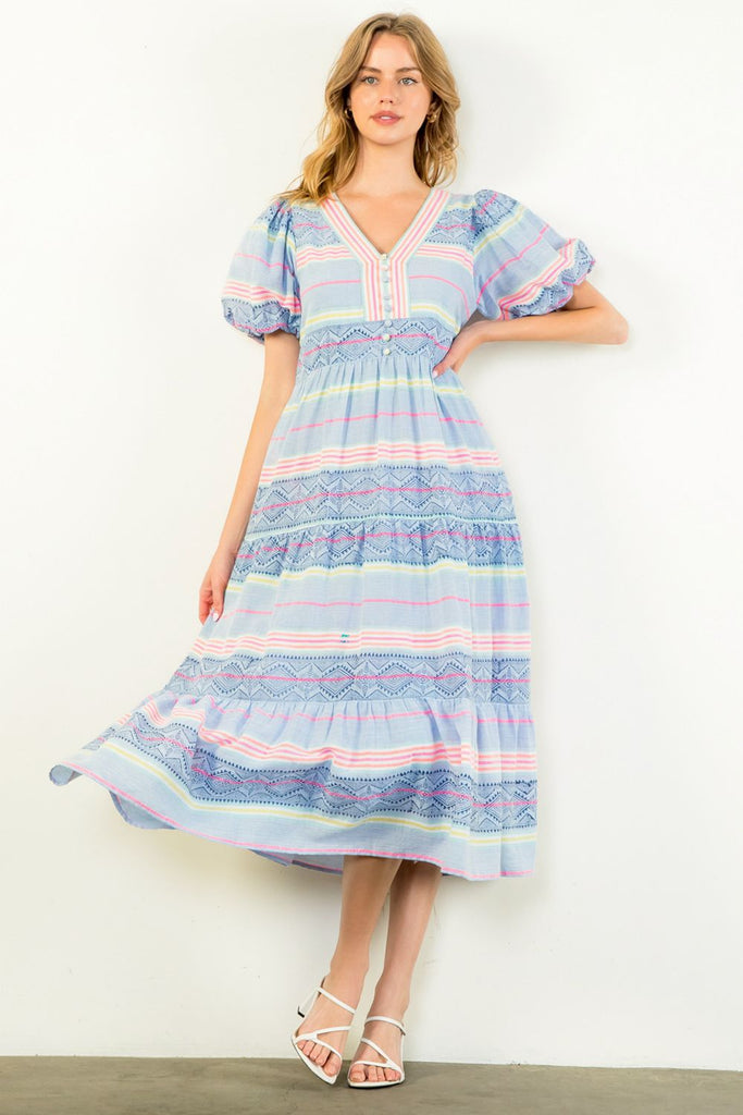 Soft Blue with Bright Stripe Puff Sleeve Dress - MISRED