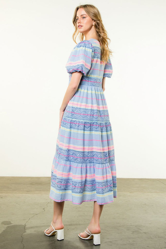 Soft Blue with Bright Stripe Puff Sleeve Dress - MISRED