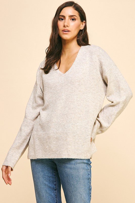 Soft V - Neck Oversized Cozy Sweater - MISRED