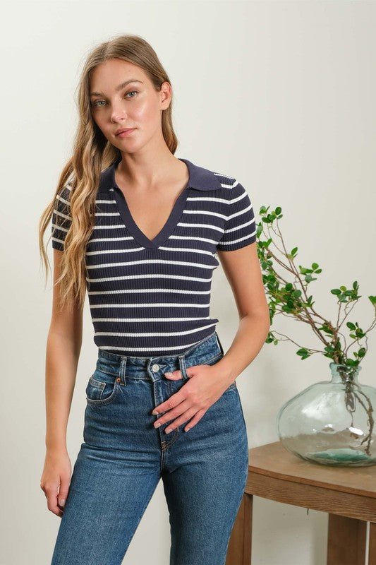 Striped Ribbed Kn it Collared Tee - MISRED