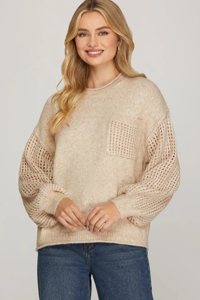 Sweater with Open Knit Sleeves - MISRED