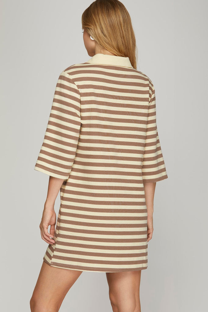 Tan Collegiate Stripe 1/2 Zip Dress - MISRED