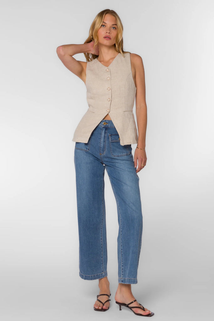 Tan Linen Button Down Vest - MISRED