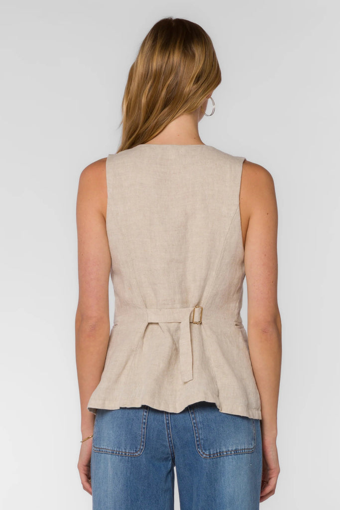 Tan Linen Button Down Vest - MISRED