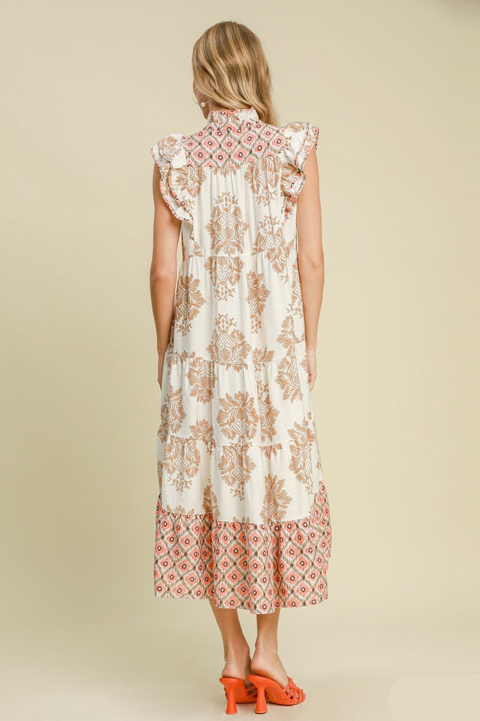 Tan & Peach Mix Print Ruffle Dress - MISRED