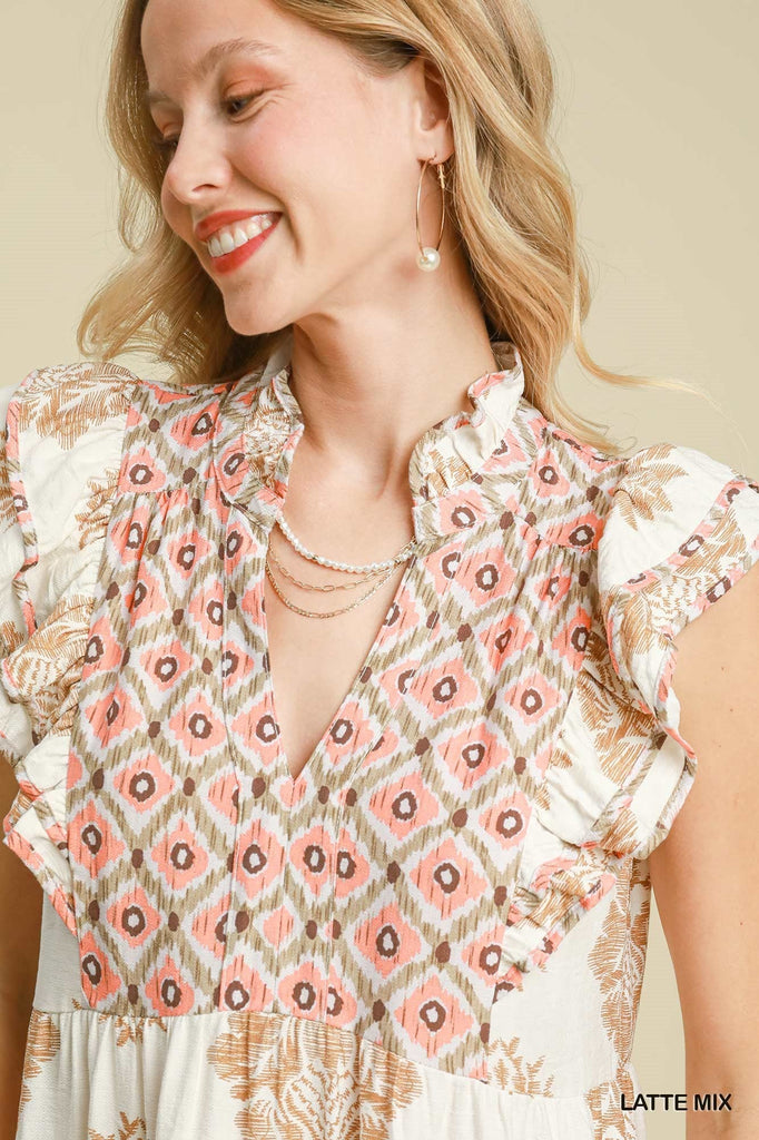 Tan & Peach Mix Print Ruffle Dress - MISRED